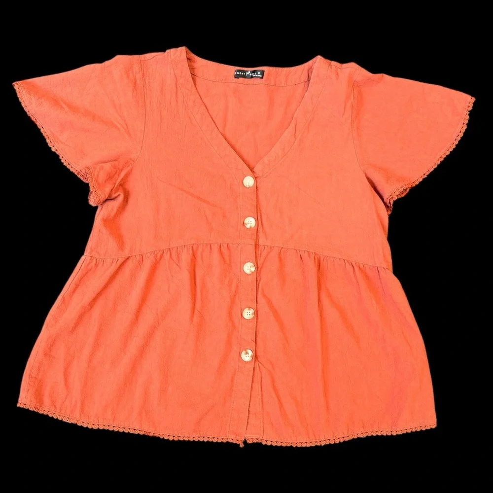 Emery Rose Rust Orange Button Blouse with Lace Trim - Picture 2 of 5